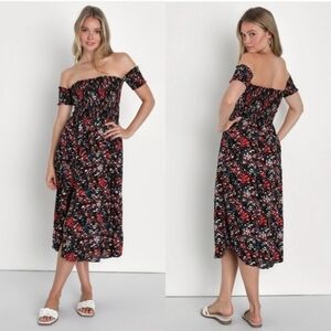 Lulus View from the Meadow Black Floral Print Off-the-Shoulder Dress Size XL